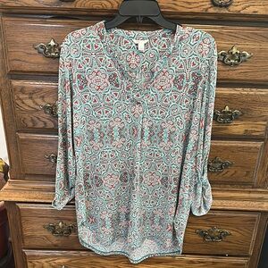 Cato Green Graphic Tunic with Mandarin Collar